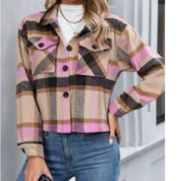 Plaid Button-Up Jacket in Pink and Tan - Picture 1 of 1